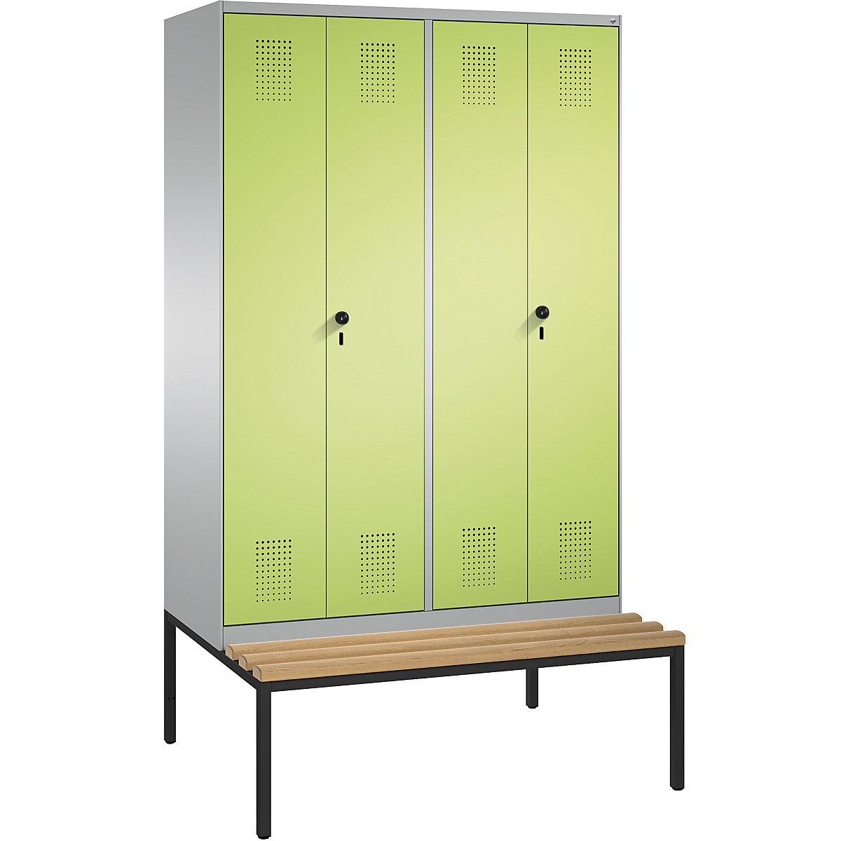 EVOLO cloakroom locker, doors close in the middle, with bench – C+P, 4 compartments, compartment width 300 mm, white aluminium / viridian green-10
