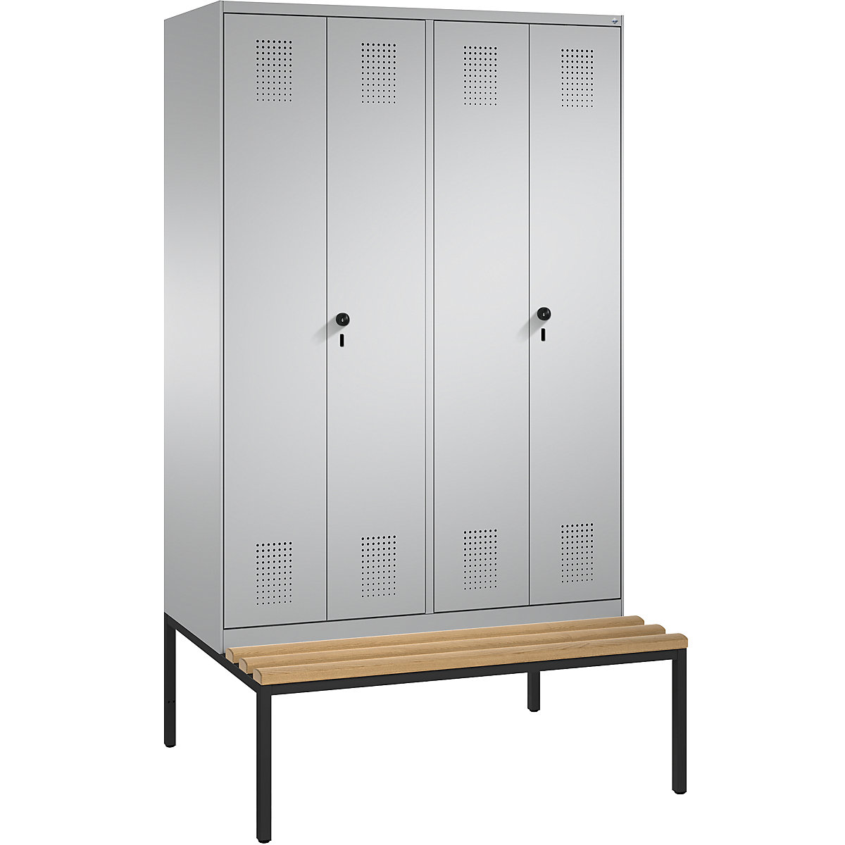 EVOLO cloakroom locker, doors close in the middle, with bench – C+P, 4 compartments, compartment width 300 mm, white aluminium / white aluminium-2