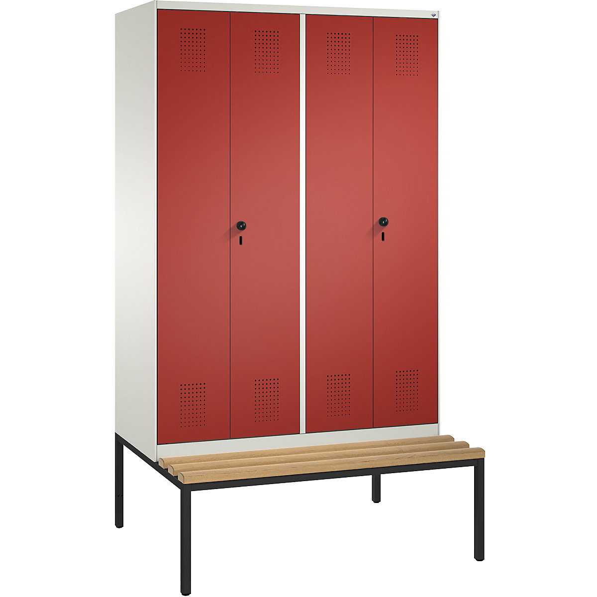 EVOLO cloakroom locker, doors close in the middle, with bench – C+P, 4 compartments, compartment width 300 mm, pure white / flame red-9