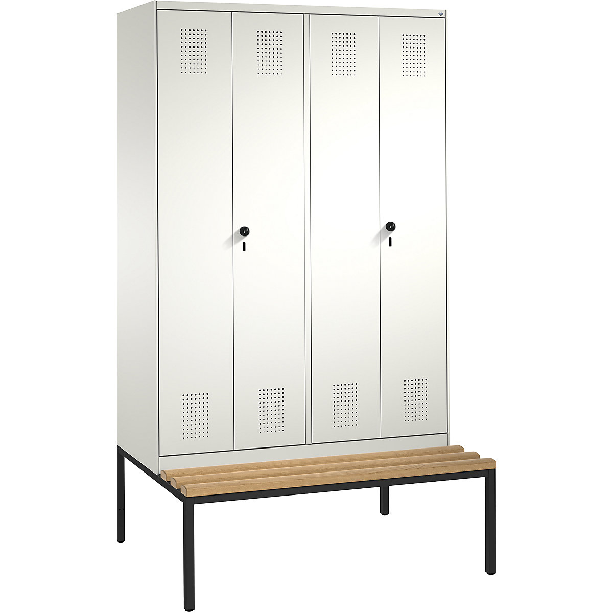 EVOLO cloakroom locker, doors close in the middle, with bench – C+P, 4 compartments, compartment width 300 mm, pure white / pure white-12