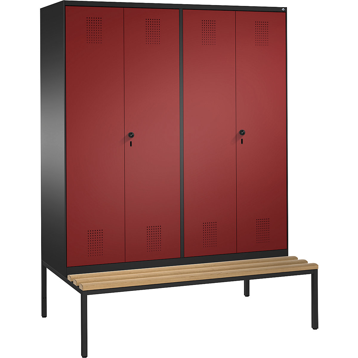 EVOLO cloakroom locker, doors close in the middle, with bench – C+P, 4 compartments, compartment width 400 mm, black grey / ruby red-15