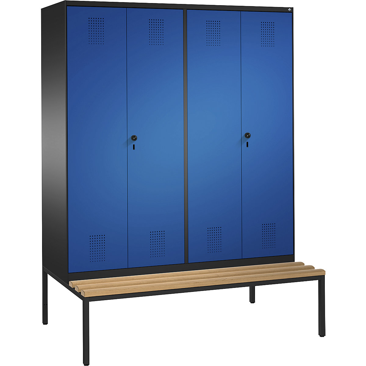 EVOLO cloakroom locker, doors close in the middle, with bench – C+P, 4 compartments, compartment width 400 mm, black grey / gentian blue-4