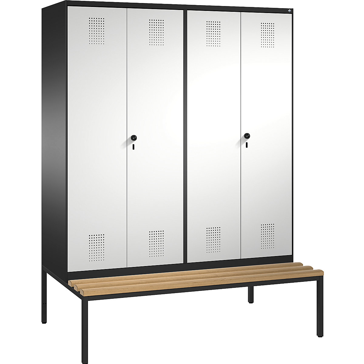 EVOLO cloakroom locker, doors close in the middle, with bench – C+P, 4 compartments, compartment width 400 mm, black grey / light grey-6