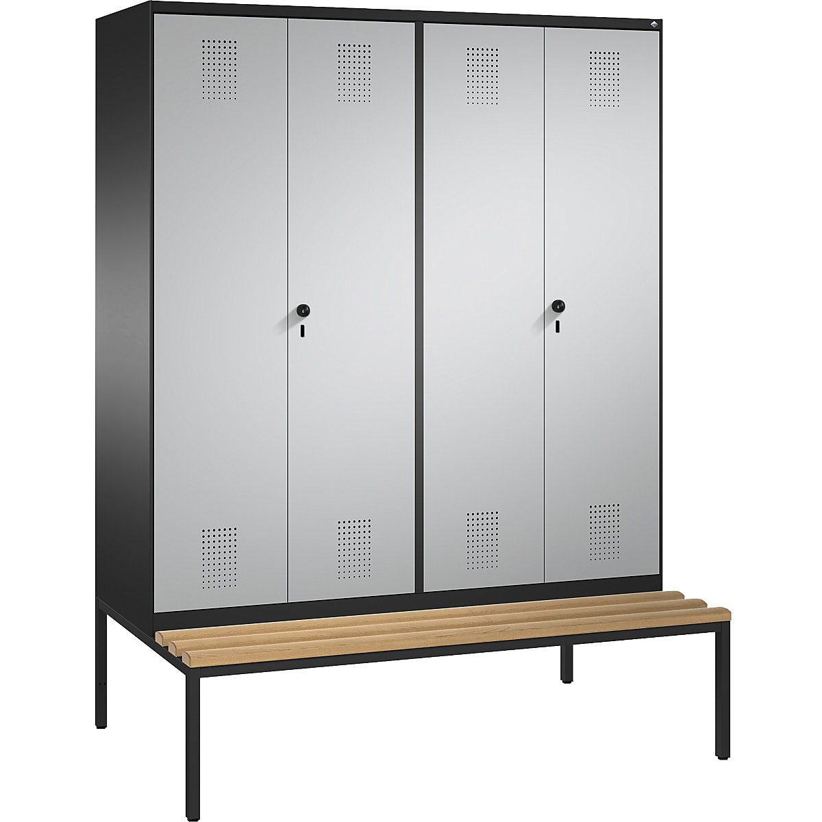 EVOLO cloakroom locker, doors close in the middle, with bench – C+P, 4 compartments, compartment width 400 mm, black grey / white aluminium-8