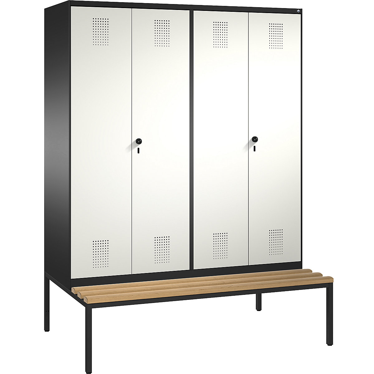 EVOLO cloakroom locker, doors close in the middle, with bench – C+P, 4 compartments, compartment width 400 mm, black grey / pure white-13