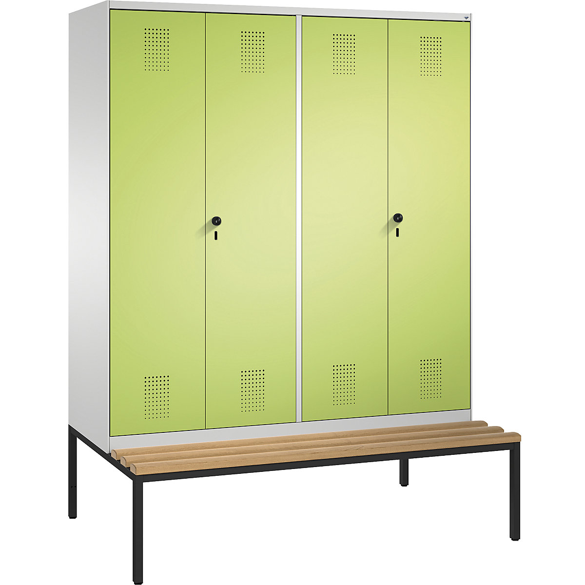 EVOLO cloakroom locker, doors close in the middle, with bench – C+P, 4 compartments, compartment width 400 mm, light grey / viridian green-3