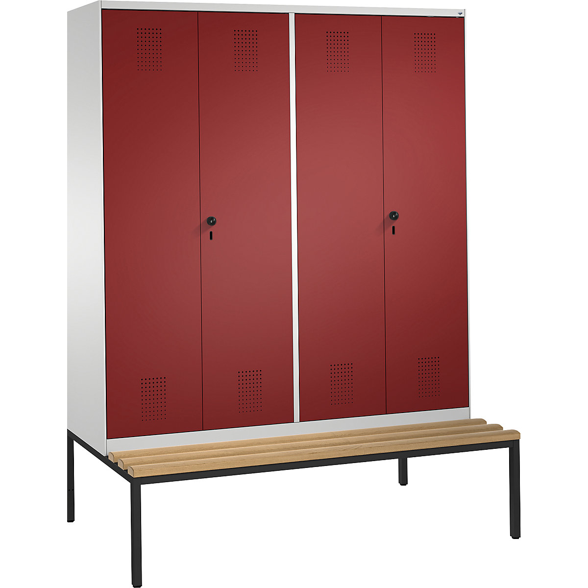 EVOLO cloakroom locker, doors close in the middle, with bench – C+P, 4 compartments, compartment width 400 mm, light grey / ruby red-7