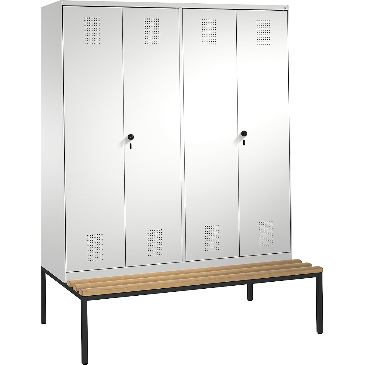 EVOLO cloakroom locker, doors close in the middle, with bench – C+P, 4 compartments, compartment width 400 mm, light grey-1