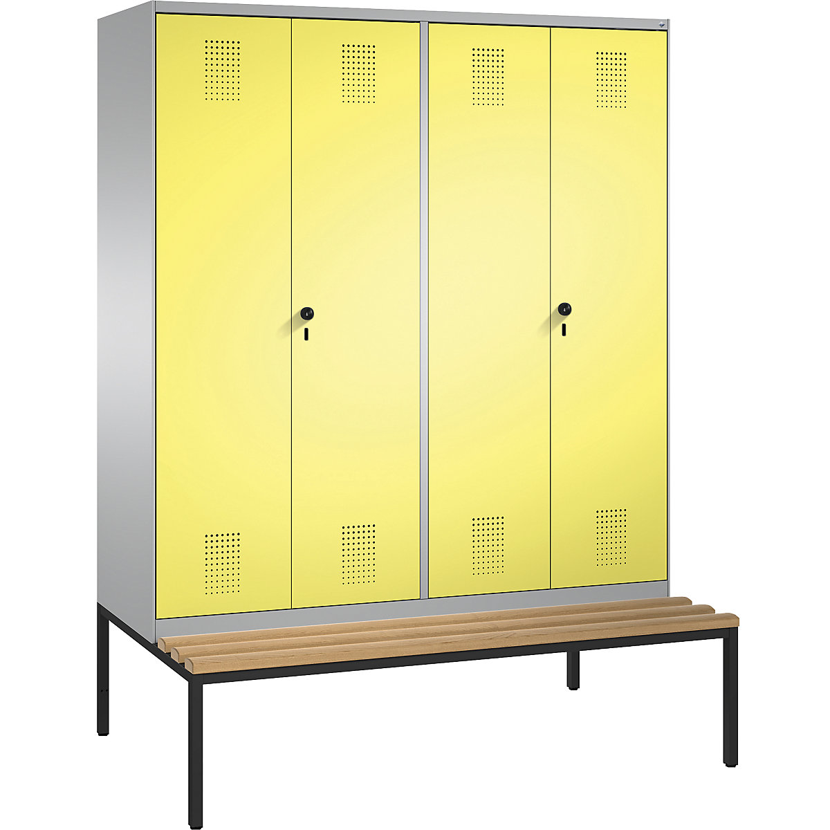 EVOLO cloakroom locker, doors close in the middle, with bench – C+P, 4 compartments, compartment width 400 mm, white aluminium / sulphur yellow-9