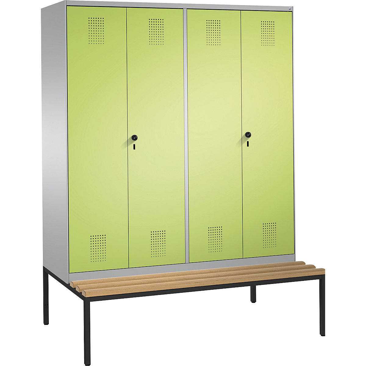 EVOLO cloakroom locker, doors close in the middle, with bench – C+P, 4 compartments, compartment width 400 mm, white aluminium / viridian green-12