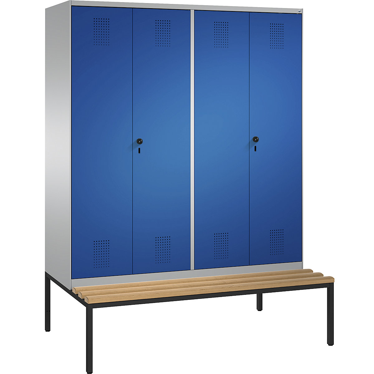 EVOLO cloakroom locker, doors close in the middle, with bench – C+P, 4 compartments, compartment width 400 mm, white aluminium / gentian blue-16