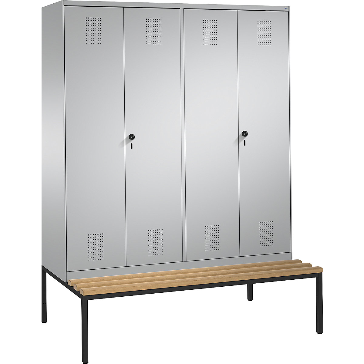 EVOLO cloakroom locker, doors close in the middle, with bench – C+P, 4 compartments, compartment width 400 mm, white aluminium / white aluminium-5