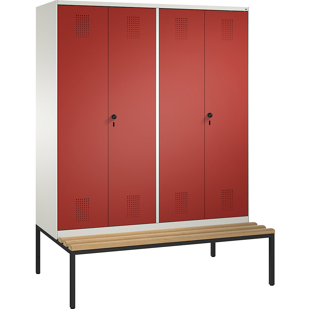 EVOLO cloakroom locker, doors close in the middle, with bench – C+P, 4 compartments, compartment width 400 mm, pure white / flame red-14