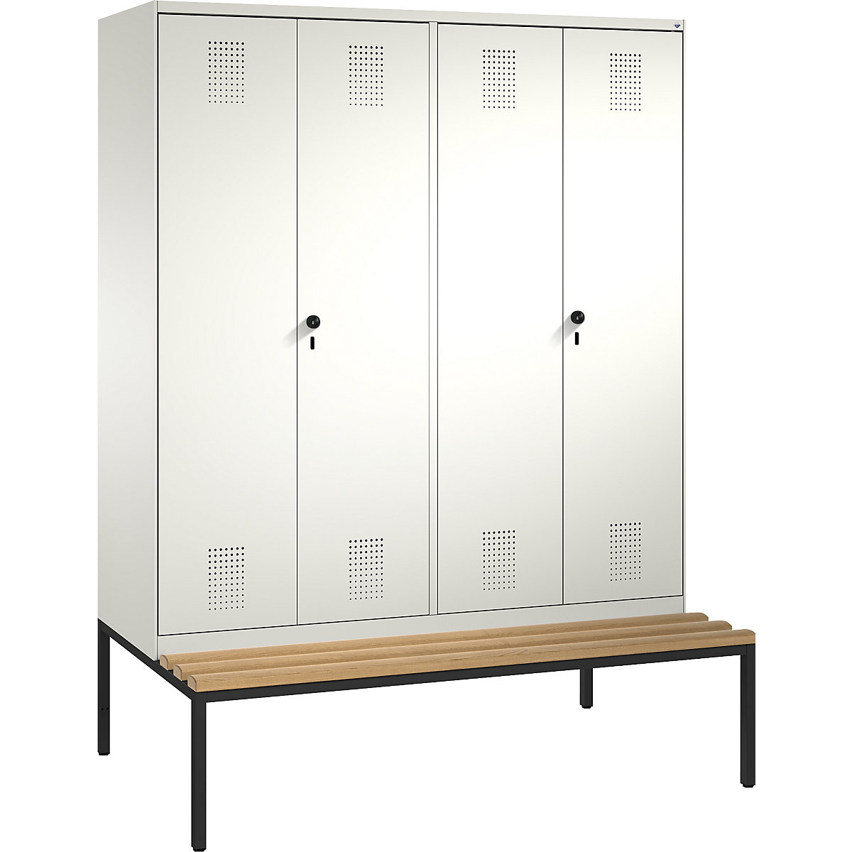 EVOLO cloakroom locker, doors close in the middle, with bench – C+P, 4 compartments, compartment width 400 mm, pure white / pure white-11