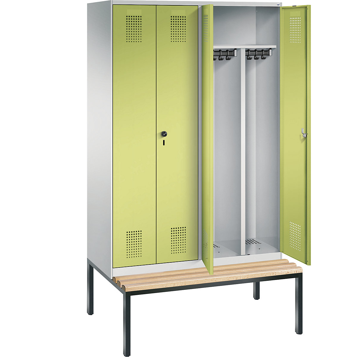 EVOLO cloakroom locker, doors close in the middle, with bench – C+P (Product illustration 18)-17
