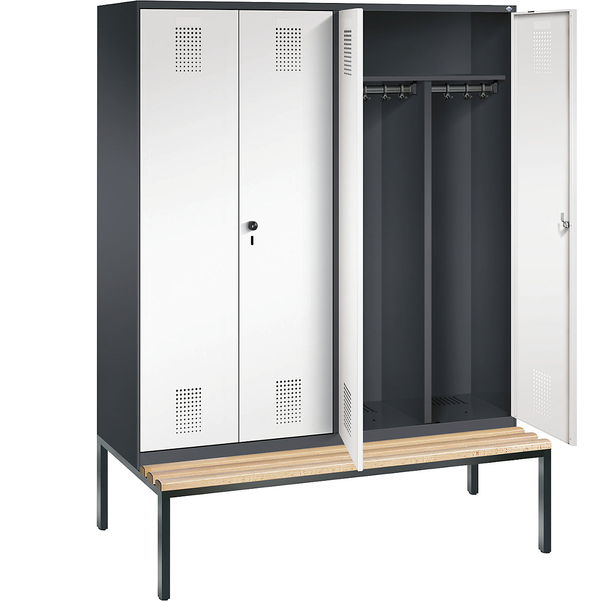 EVOLO cloakroom locker, doors close in the middle, with bench – C+P (Product illustration 20)-19