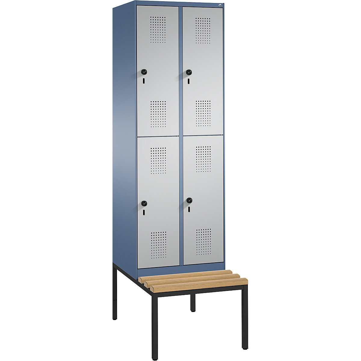 EVOLO cloakroom locker, double tier, with bench – C+P, 2 compartments, 2 shelf compartments each, compartment width 300 mm, distant blue / white aluminium-4