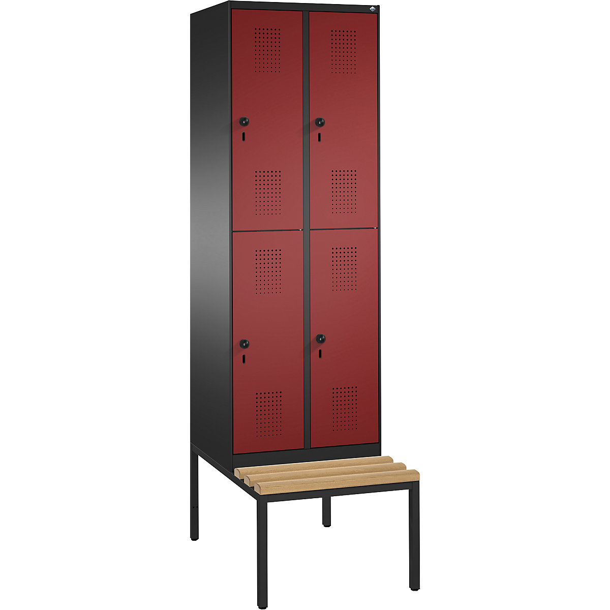 EVOLO cloakroom locker, double tier, with bench – C+P, 2 compartments, 2 shelf compartments each, compartment width 300 mm, black grey / ruby red-8