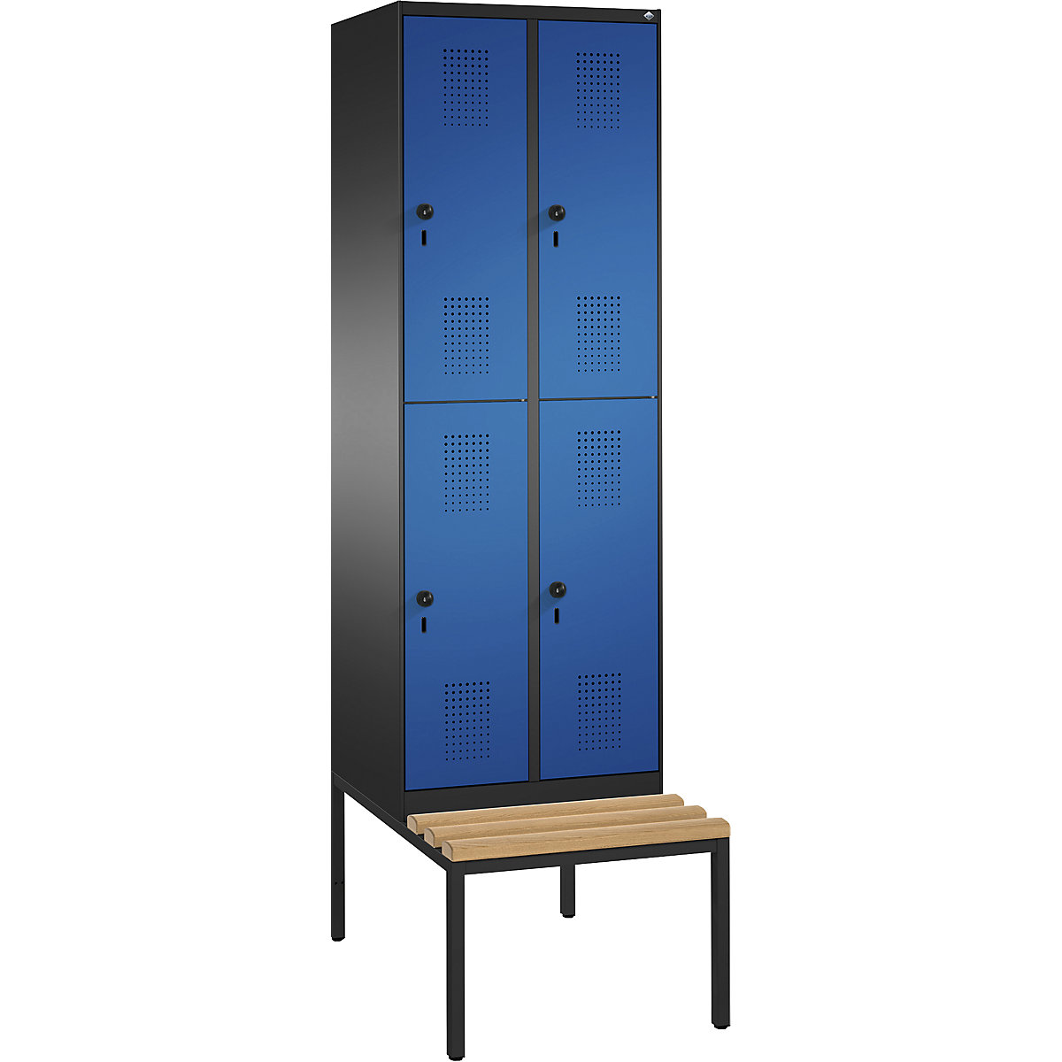 EVOLO cloakroom locker, double tier, with bench – C+P, 2 compartments, 2 shelf compartments each, compartment width 300 mm, black grey / gentian blue-16