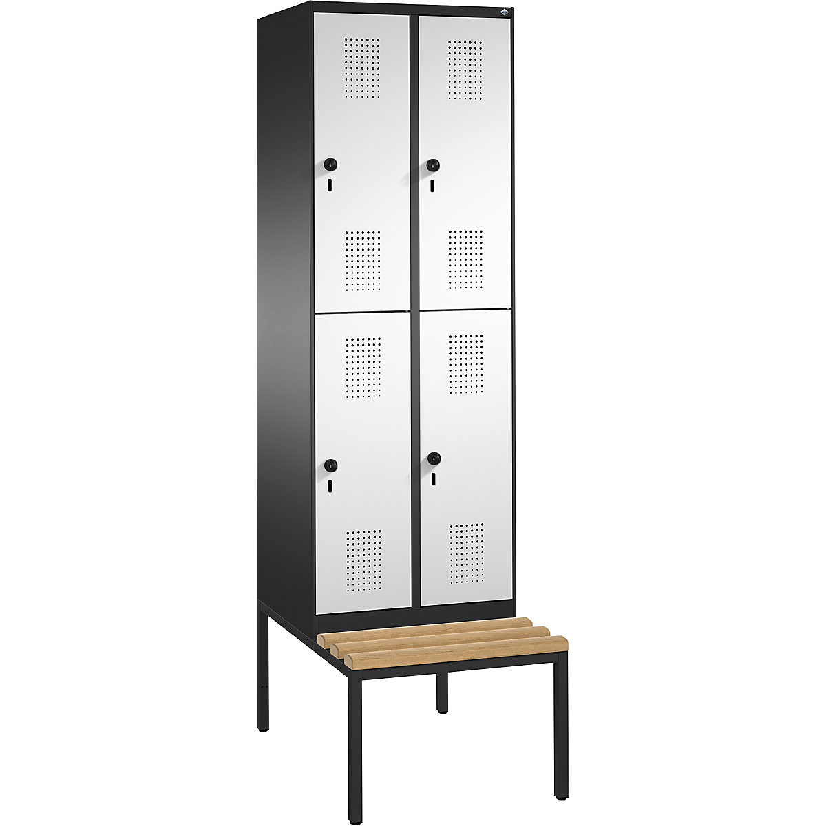 EVOLO cloakroom locker, double tier, with bench – C+P, 2 compartments, 2 shelf compartments each, compartment width 300 mm, black grey / light grey-10
