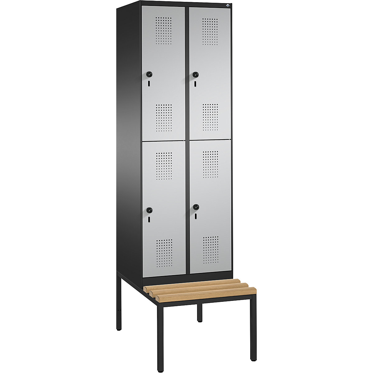 EVOLO cloakroom locker, double tier, with bench – C+P, 2 compartments, 2 shelf compartments each, compartment width 300 mm, black grey / white aluminium-11