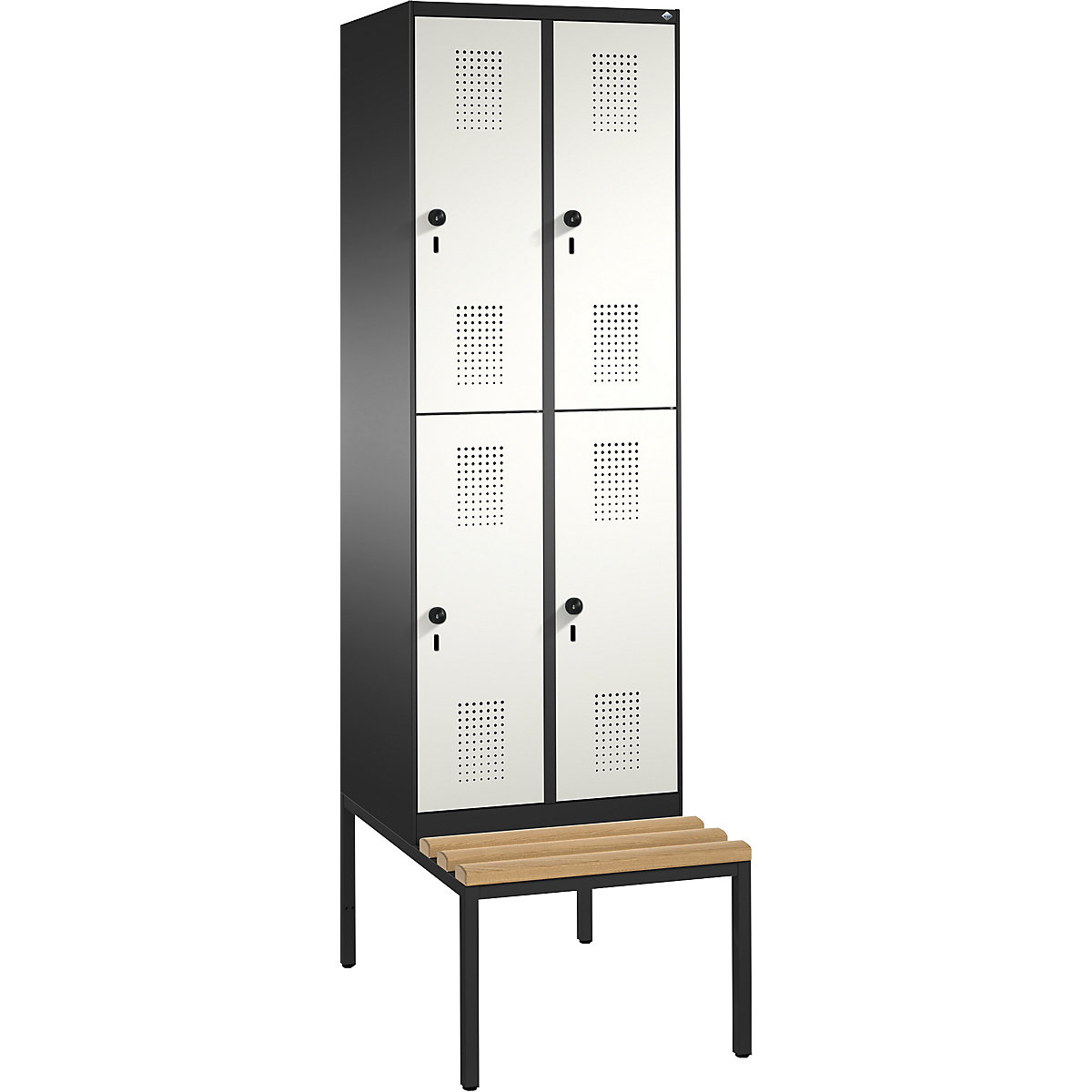 EVOLO cloakroom locker, double tier, with bench – C+P, 2 compartments, 2 shelf compartments each, compartment width 300 mm, black grey / pure white-14