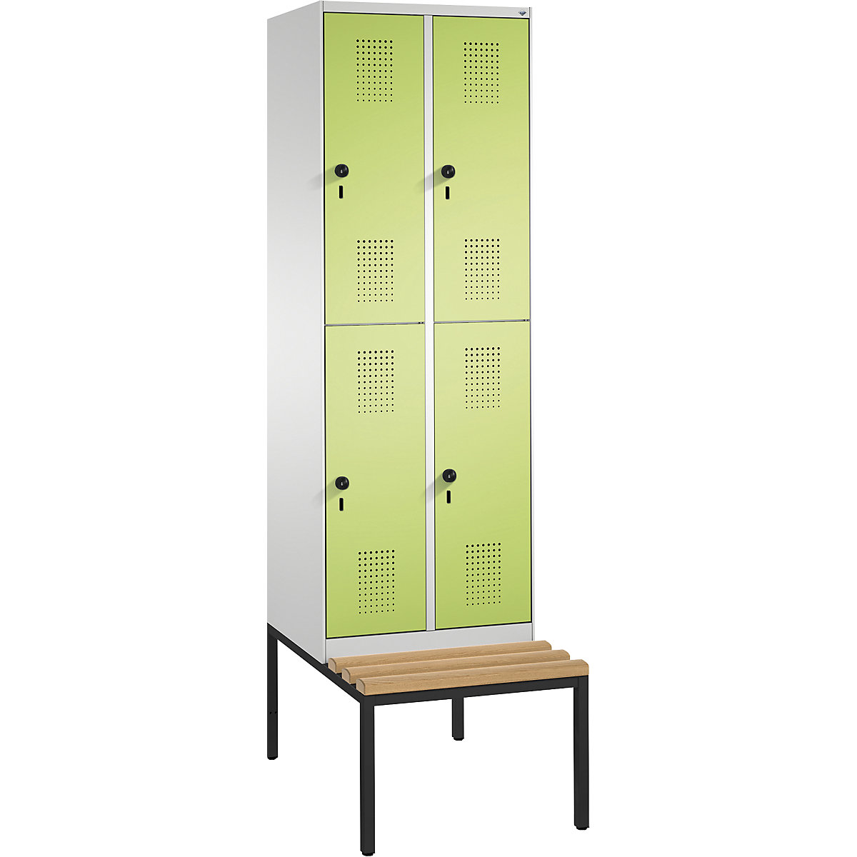 EVOLO cloakroom locker, double tier, with bench – C+P, 2 compartments, 2 shelf compartments each, compartment width 300 mm, light grey / viridian green-9