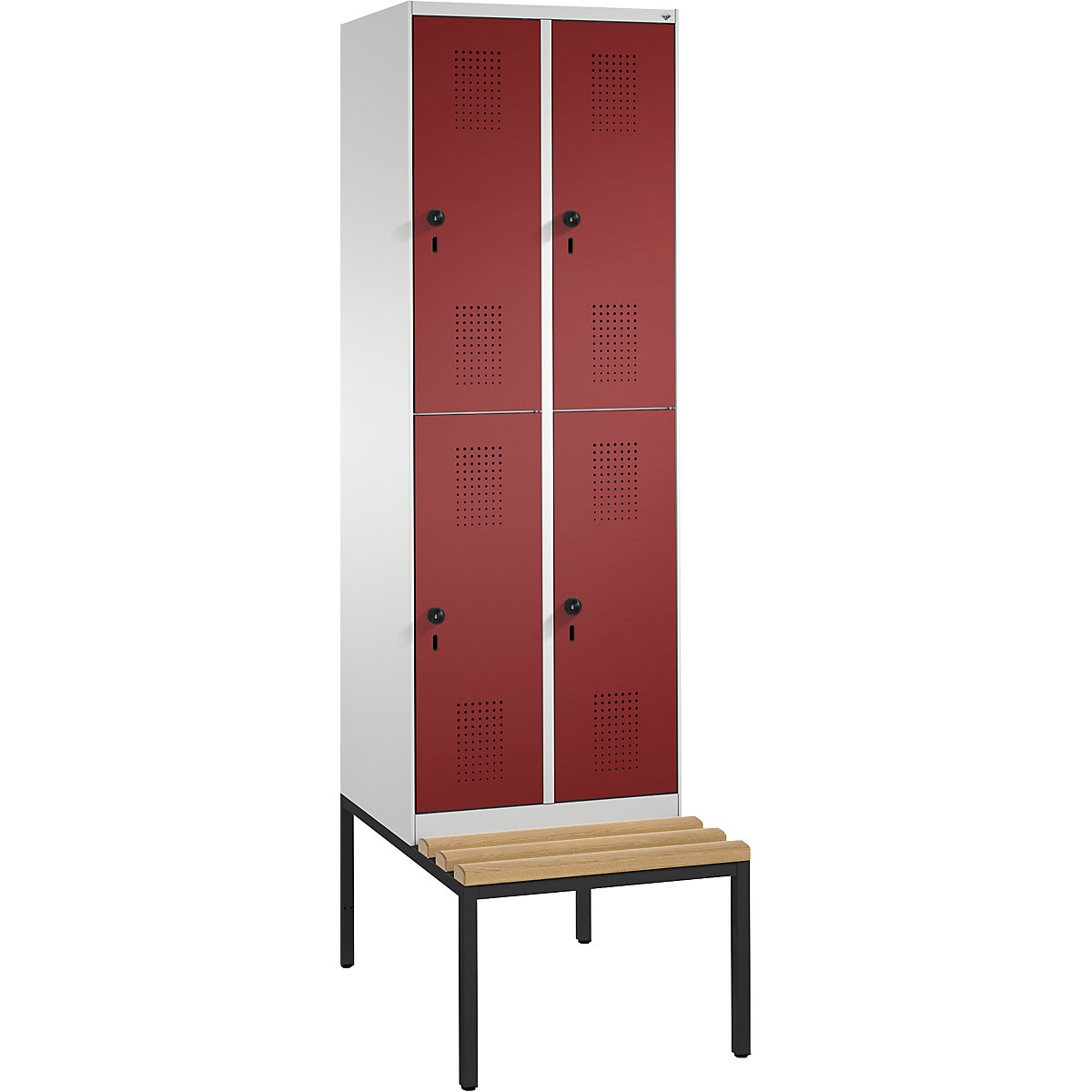 EVOLO cloakroom locker, double tier, with bench – C+P, 2 compartments, 2 shelf compartments each, compartment width 300 mm, light grey / ruby red-17