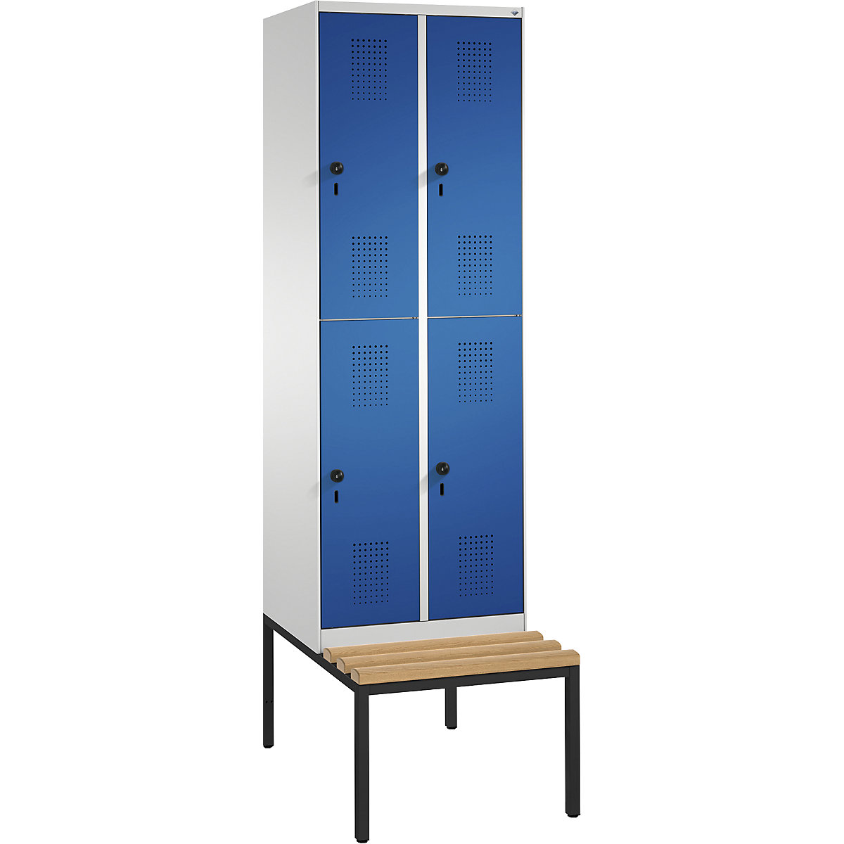 EVOLO cloakroom locker, double tier, with bench – C+P, 2 compartments, 2 shelf compartments each, compartment width 300 mm, light grey / gentian blue-15