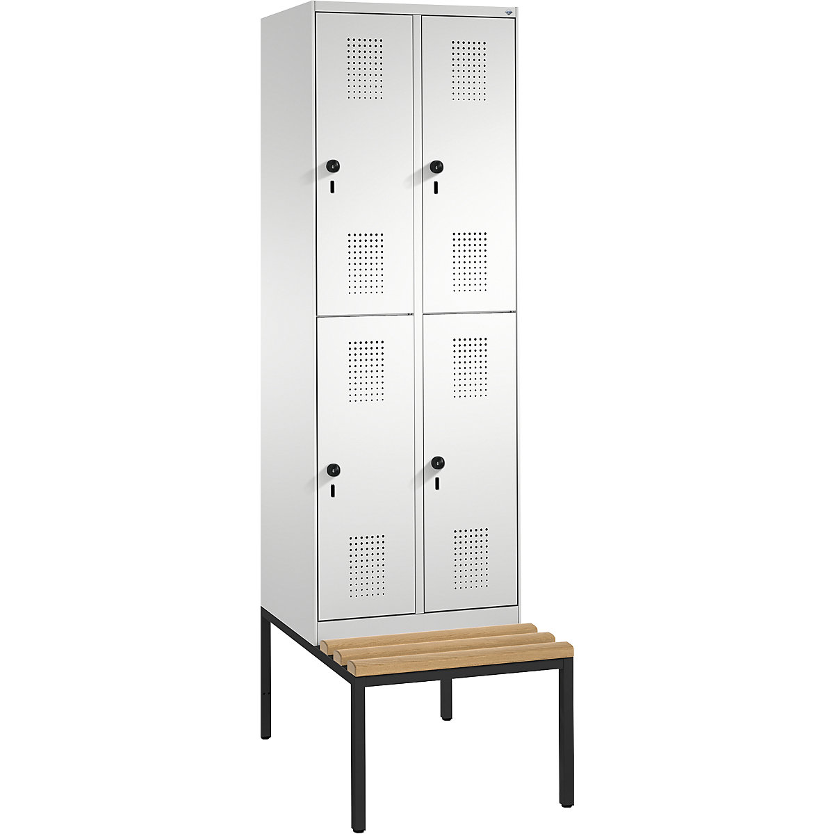 EVOLO cloakroom locker, double tier, with bench – C+P, 2 compartments, 2 shelf compartments each, compartment width 300 mm, light grey-6