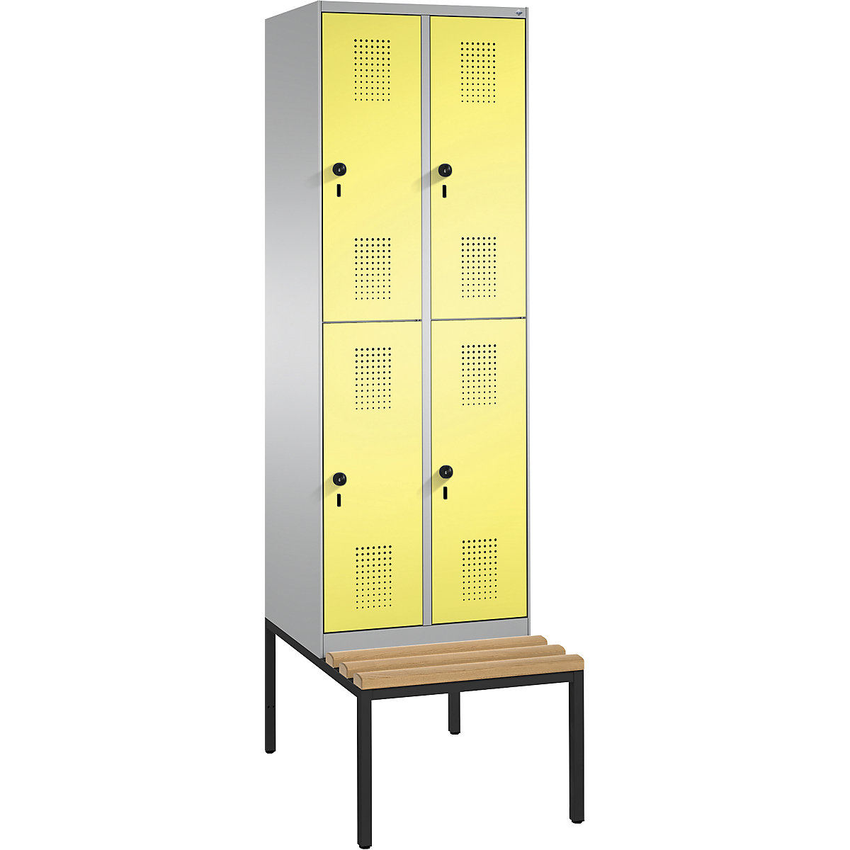EVOLO cloakroom locker, double tier, with bench – C+P, 2 compartments, 2 shelf compartments each, compartment width 300 mm, white aluminium / sulphur yellow-13