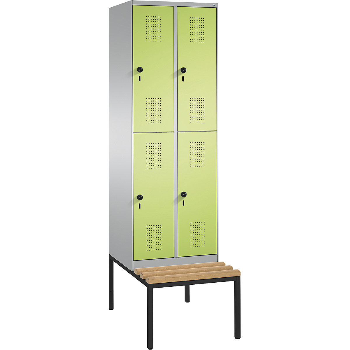 EVOLO cloakroom locker, double tier, with bench – C+P, 2 compartments, 2 shelf compartments each, compartment width 300 mm, white aluminium / viridian green-5