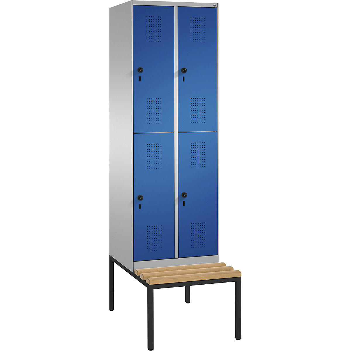 EVOLO cloakroom locker, double tier, with bench – C+P, 2 compartments, 2 shelf compartments each, compartment width 300 mm, white aluminium / gentian blue-7