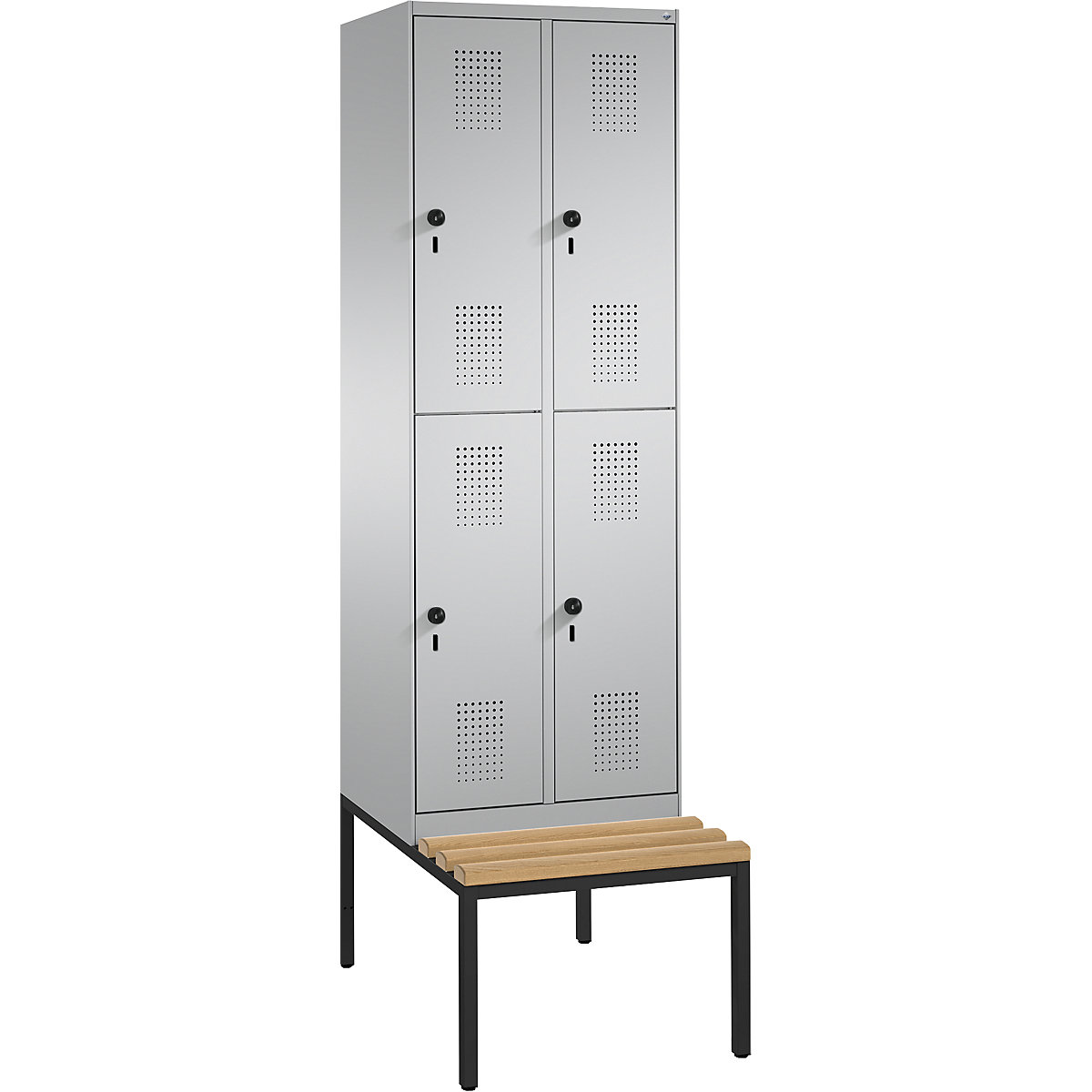 EVOLO cloakroom locker, double tier, with bench – C+P, 2 compartments, 2 shelf compartments each, compartment width 300 mm, white aluminium / white aluminium-12