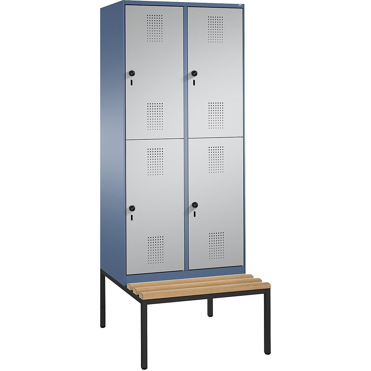 EVOLO cloakroom locker, double tier, with bench – C+P, 2 compartments, 2 shelf compartments each, compartment width 400 mm, distant blue / white aluminium-10