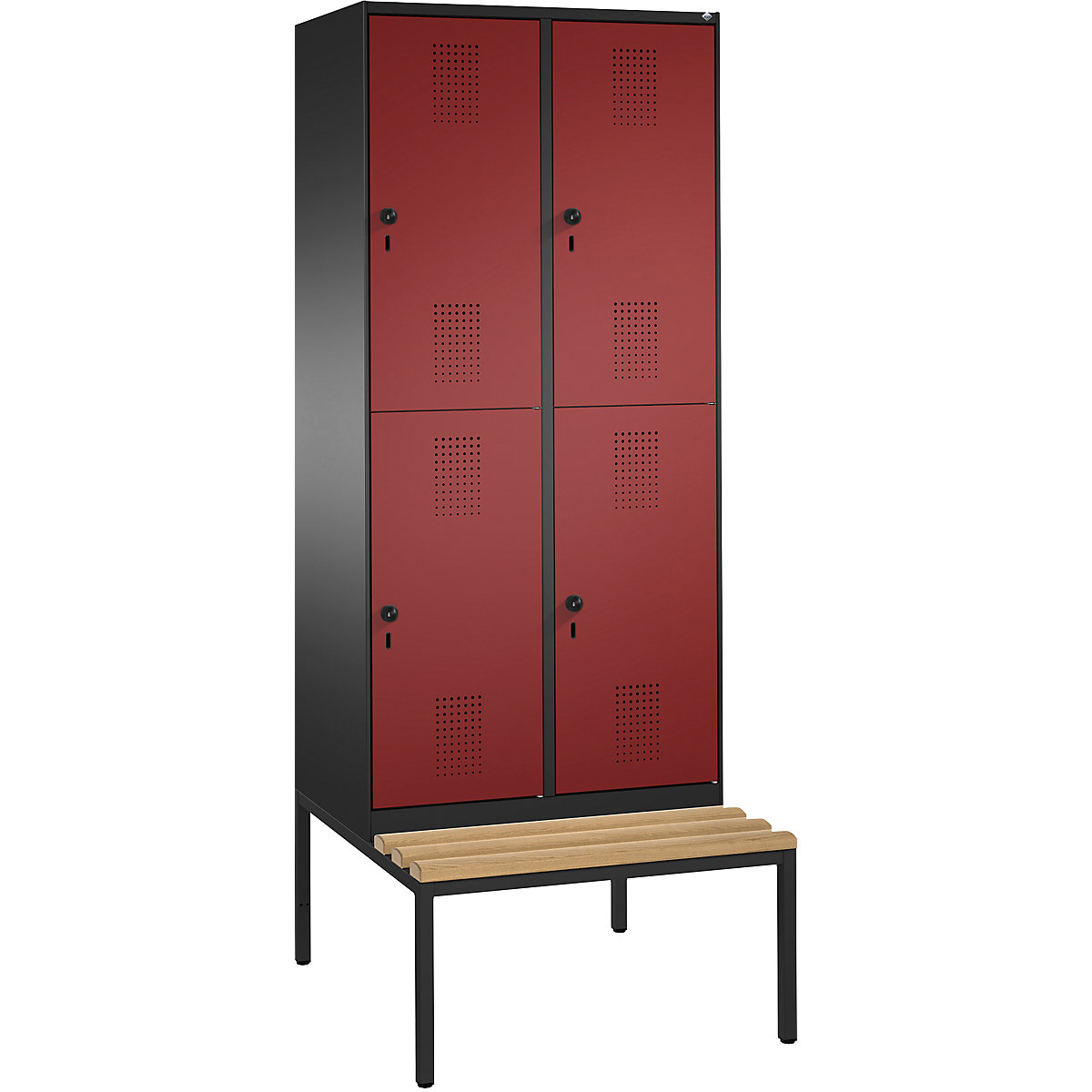EVOLO cloakroom locker, double tier, with bench – C+P, 2 compartments, 2 shelf compartments each, compartment width 400 mm, black grey / ruby red-6