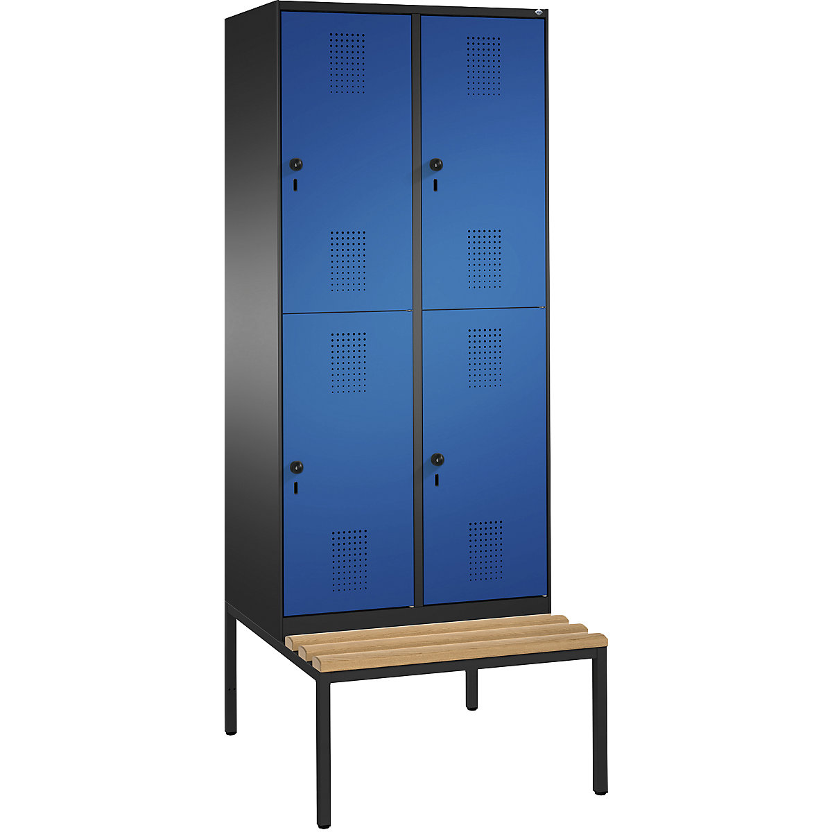EVOLO cloakroom locker, double tier, with bench – C+P, 2 compartments, 2 shelf compartments each, compartment width 400 mm, black grey / gentian blue-13