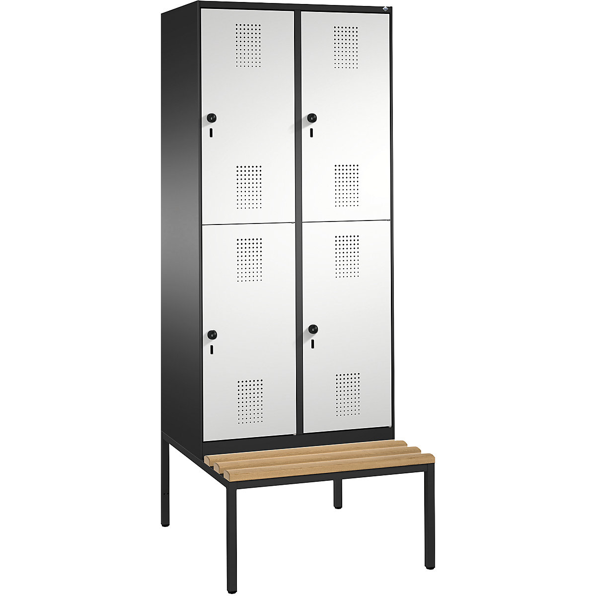 EVOLO cloakroom locker, double tier, with bench – C+P, 2 compartments, 2 shelf compartments each, compartment width 400 mm, black grey / light grey-9