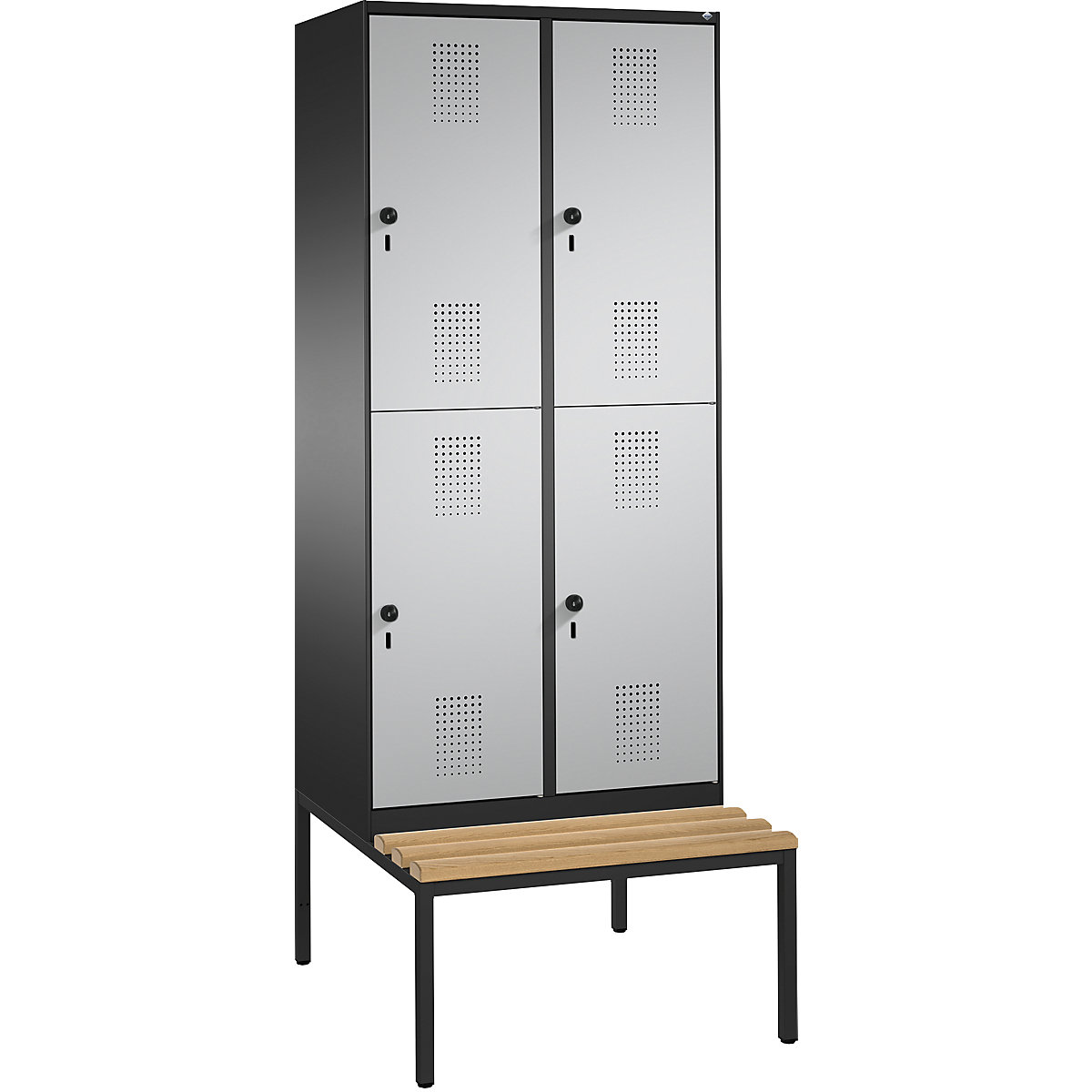 EVOLO cloakroom locker, double tier, with bench – C+P, 2 compartments, 2 shelf compartments each, compartment width 400 mm, black grey / white aluminium-17