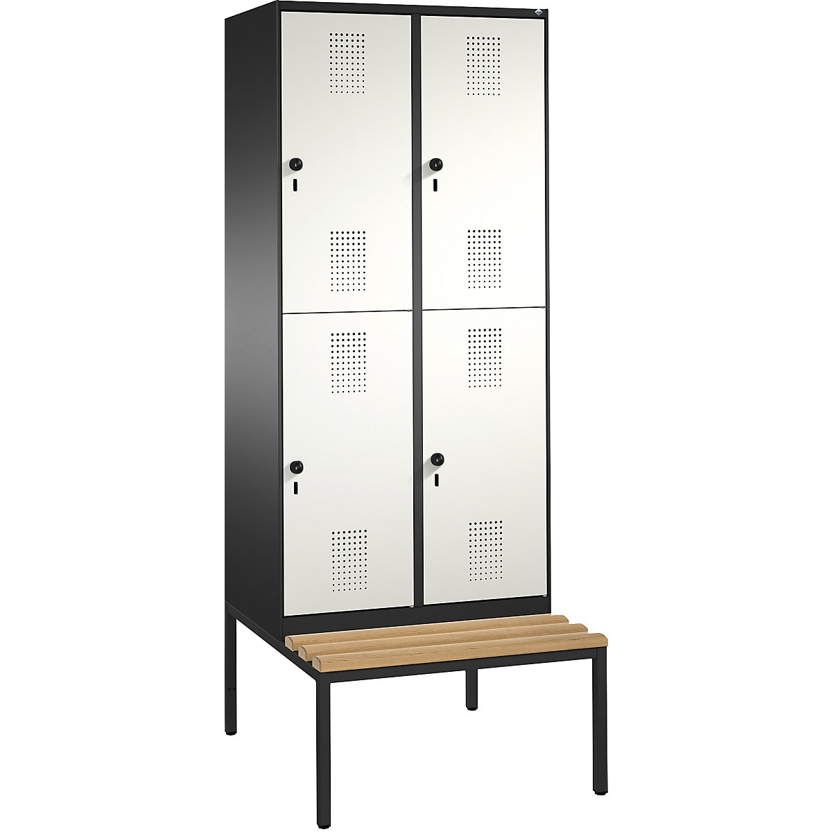 EVOLO cloakroom locker, double tier, with bench – C+P, 2 compartments, 2 shelf compartments each, compartment width 400 mm, black grey / pure white-3