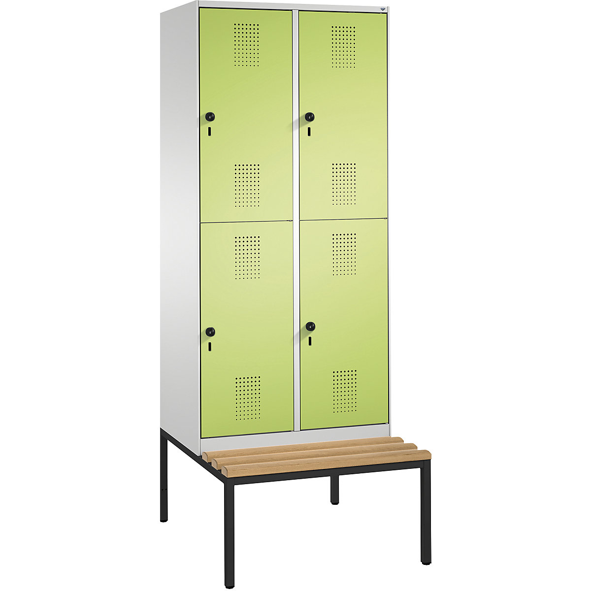 EVOLO cloakroom locker, double tier, with bench – C+P, 2 compartments, 2 shelf compartments each, compartment width 400 mm, light grey / viridian green-14