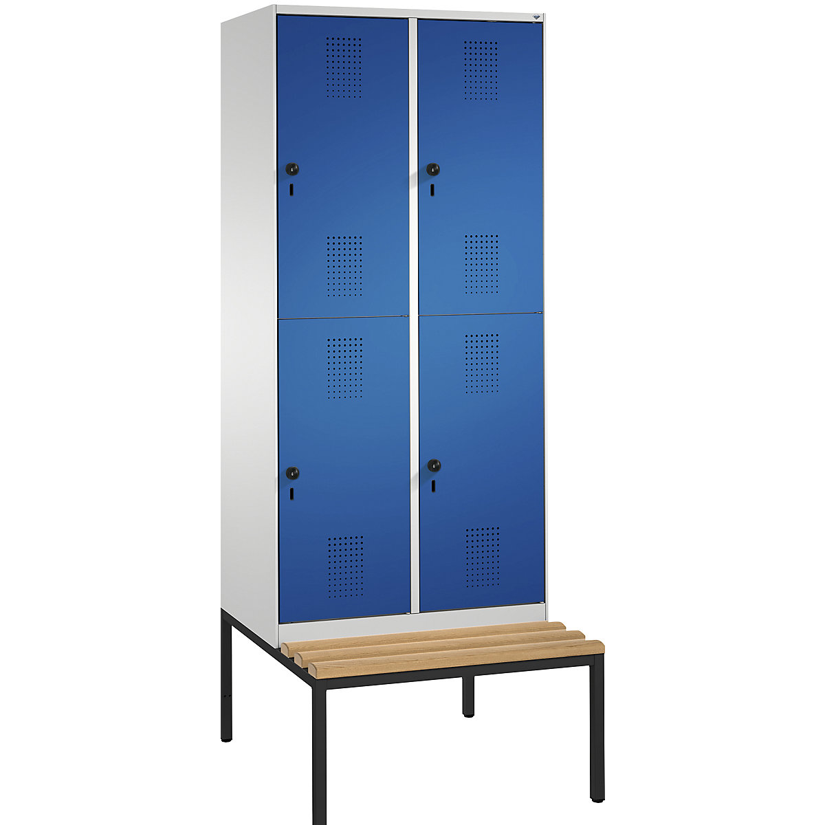 EVOLO cloakroom locker, double tier, with bench – C+P, 2 compartments, 2 shelf compartments each, compartment width 400 mm, light grey / gentian blue-8