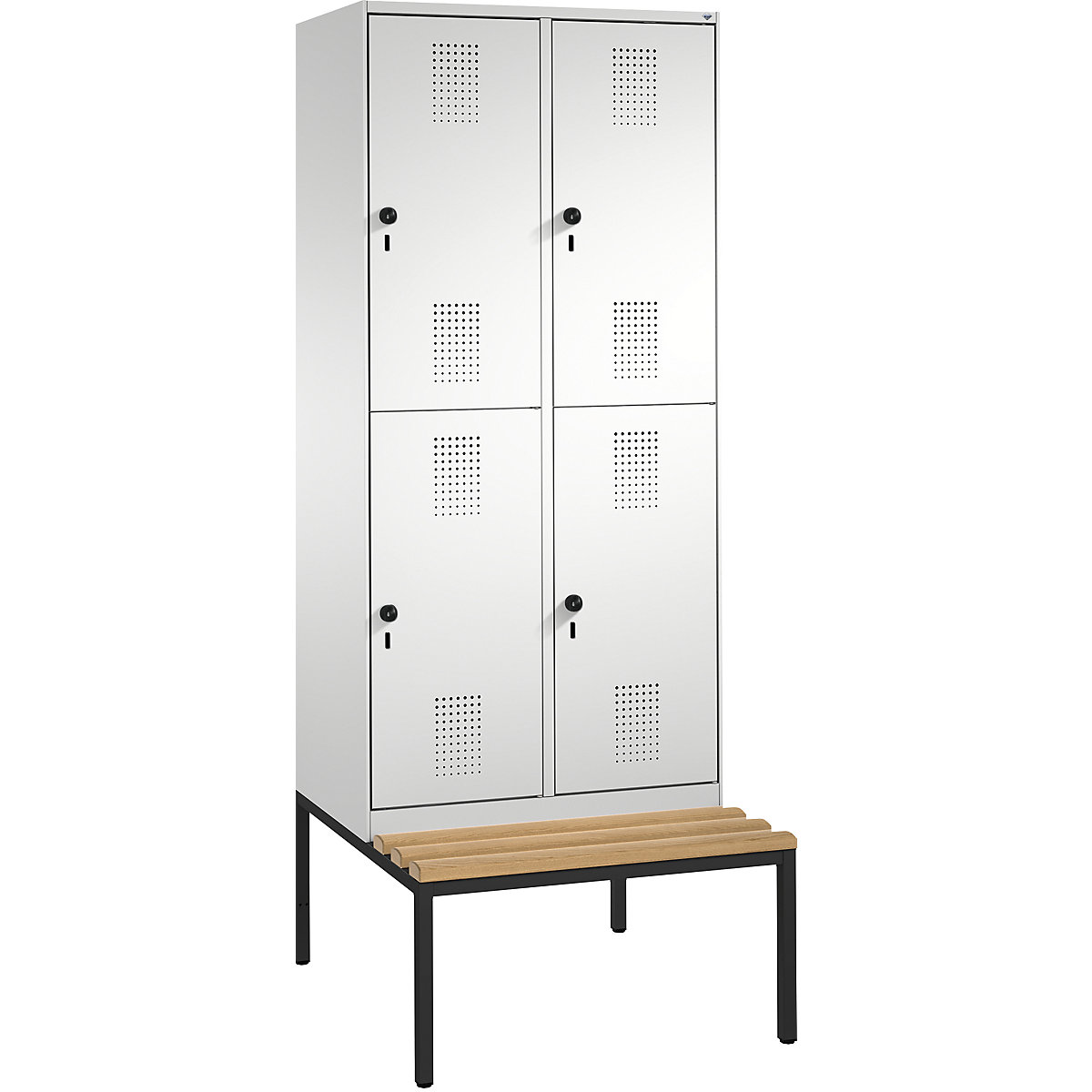 EVOLO cloakroom locker, double tier, with bench – C+P, 2 compartments, 2 shelf compartments each, compartment width 400 mm, light grey-11