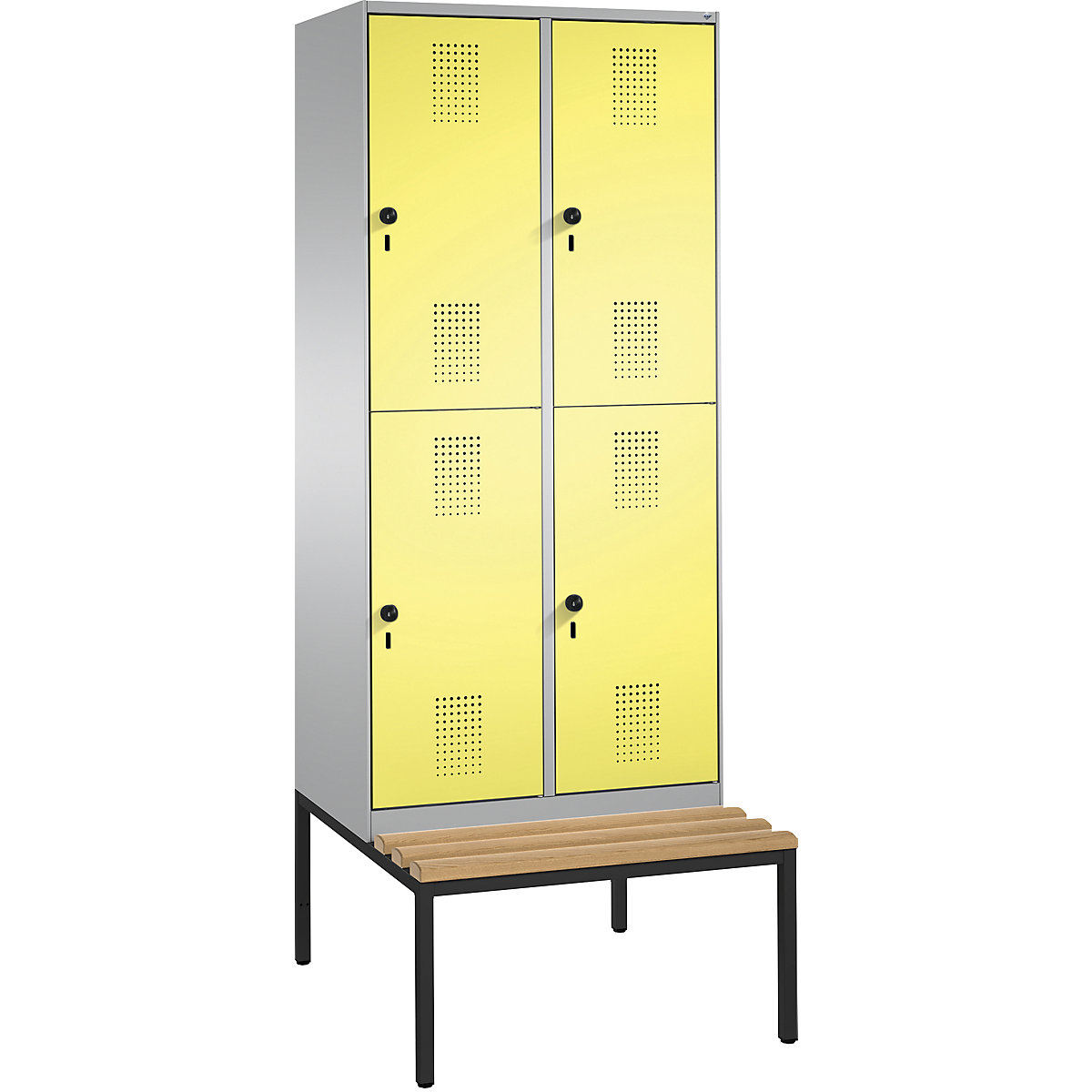 EVOLO cloakroom locker, double tier, with bench – C+P, 2 compartments, 2 shelf compartments each, compartment width 400 mm, white aluminium / sulphur yellow-16