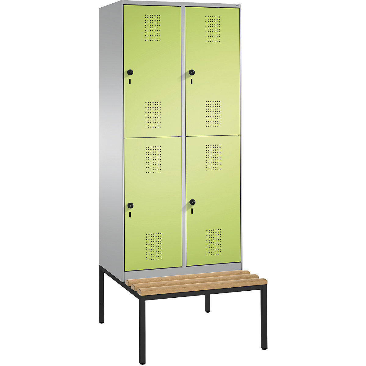 EVOLO cloakroom locker, double tier, with bench – C+P, 2 compartments, 2 shelf compartments each, compartment width 400 mm, white aluminium / viridian green-12
