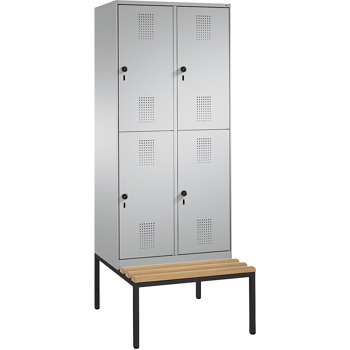EVOLO cloakroom locker, double tier, with bench – C+P, 2 compartments, 2 shelf compartments each, compartment width 400 mm, white aluminium / white aluminium-4