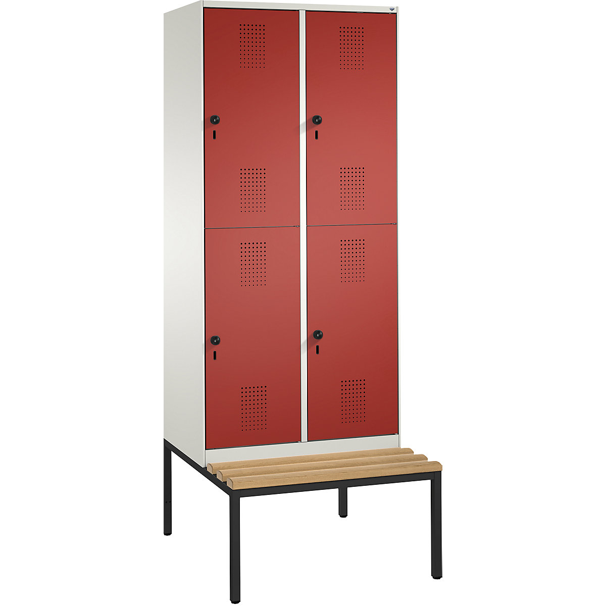 EVOLO cloakroom locker, double tier, with bench – C+P, 2 compartments, 2 shelf compartments each, compartment width 400 mm, pure white / flame red-15