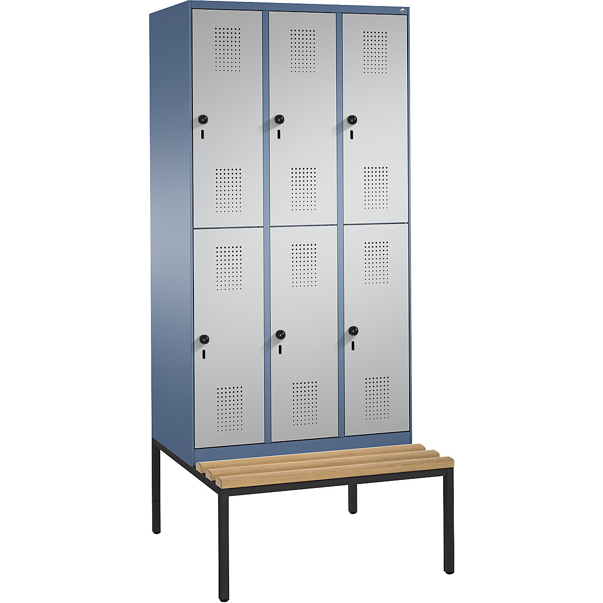 EVOLO cloakroom locker, double tier, with bench – C+P, 3 compartments, 2 shelf compartments each, compartment width 300 mm, distant blue / white aluminium-8