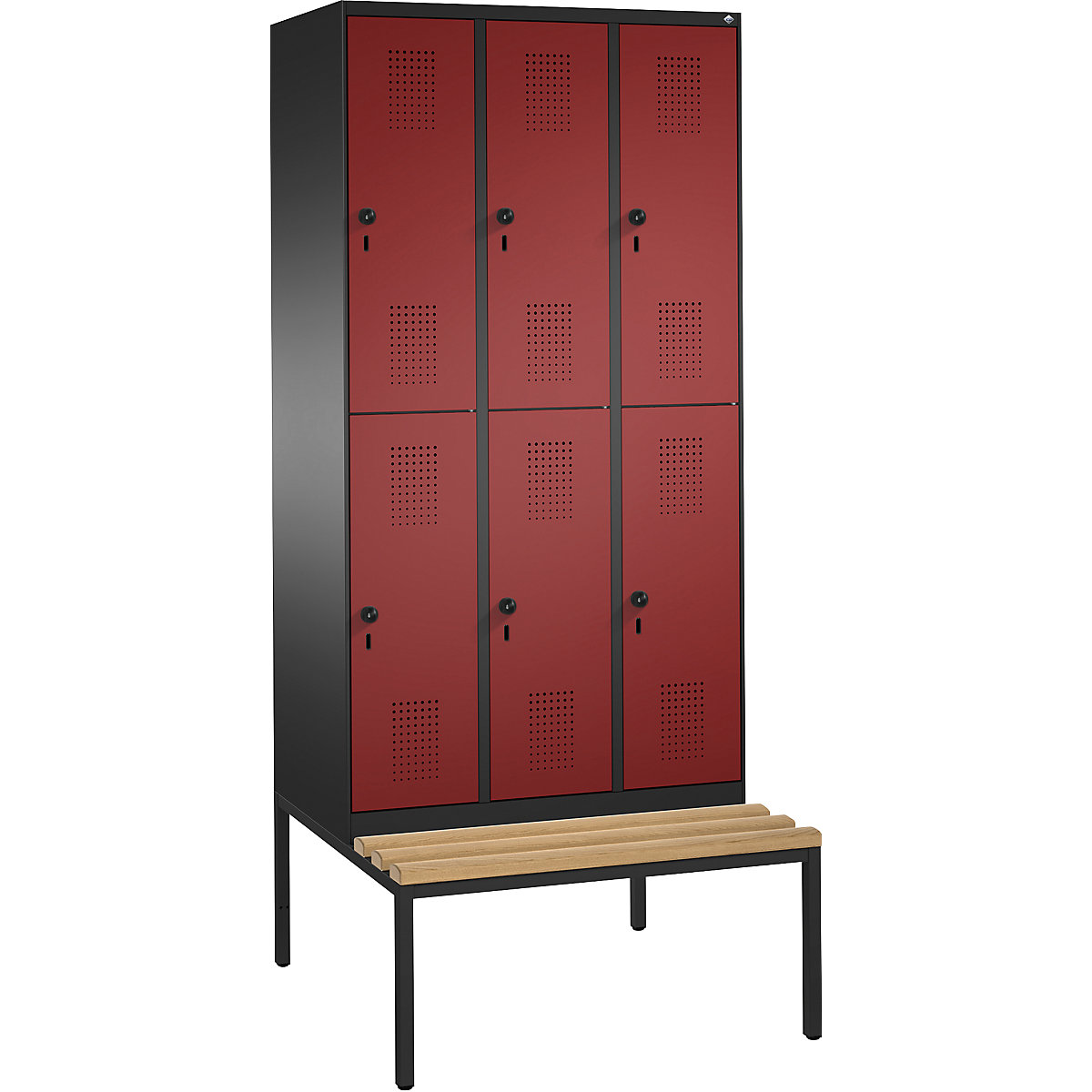 EVOLO cloakroom locker, double tier, with bench – C+P, 3 compartments, 2 shelf compartments each, compartment width 300 mm, black grey / ruby red-14