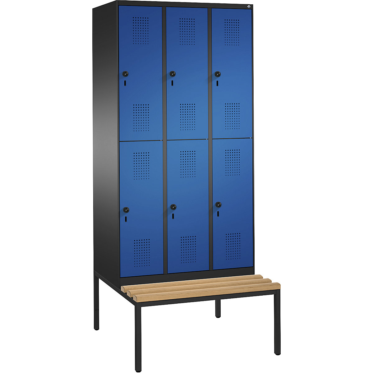 EVOLO cloakroom locker, double tier, with bench – C+P, 3 compartments, 2 shelf compartments each, compartment width 300 mm, black grey / gentian blue-10